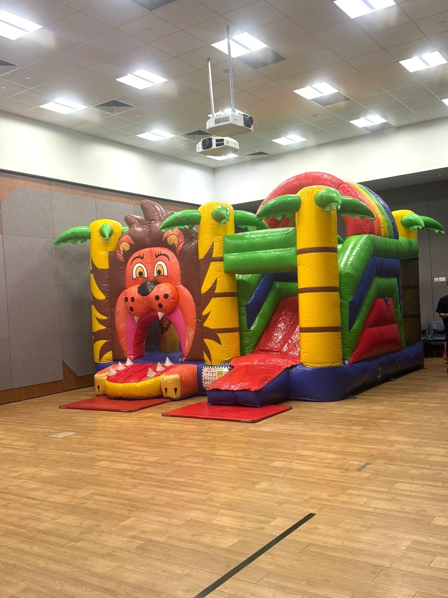Lion-themed bouncy castle with slide for indoor kids party rental Singapore
