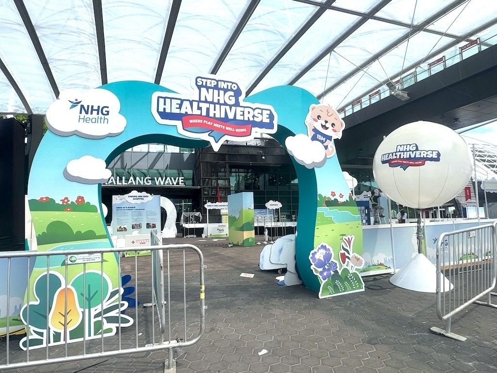 NHG Healthiverse corporate event advertising balloon arch in Singapore